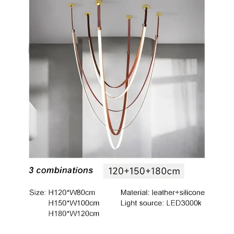 Modern chandelier with curved leather and silicone bands in white brown and copper tones decorbites designer belt light