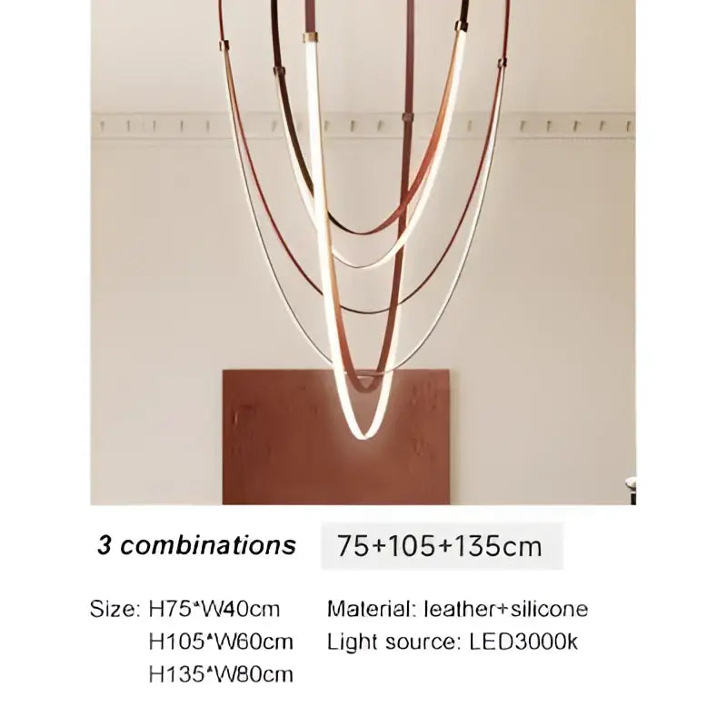 Modern chandelier with layered brown and white leather bands and silicone trim by decorbites designer belt light for dining room