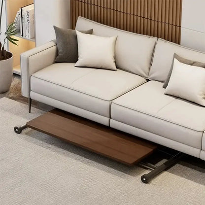 Beige leather sofa with wooden tray and modern brown wood decorbites adjustable coffee table with caster wheels