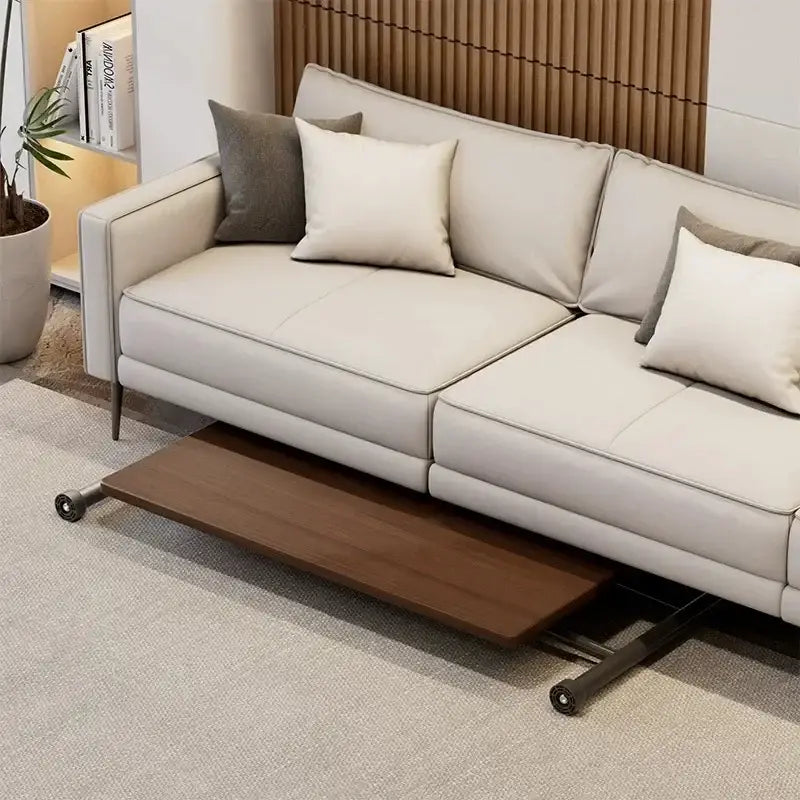 Beige leather sofa with wooden tray and modern brown wood decorbites adjustable coffee table with caster wheels