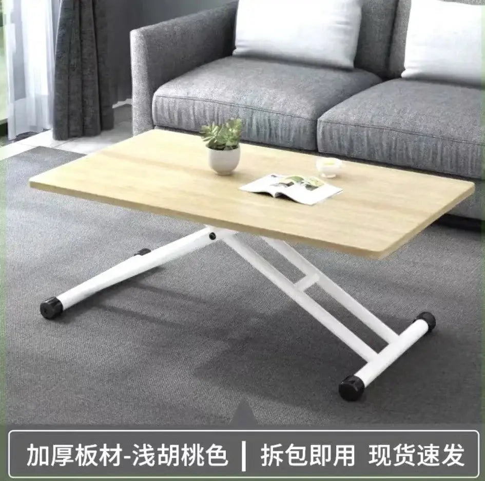 Modern brown wood adjustable coffee table with light oak top white metal frame and black rubber feet by decorbites