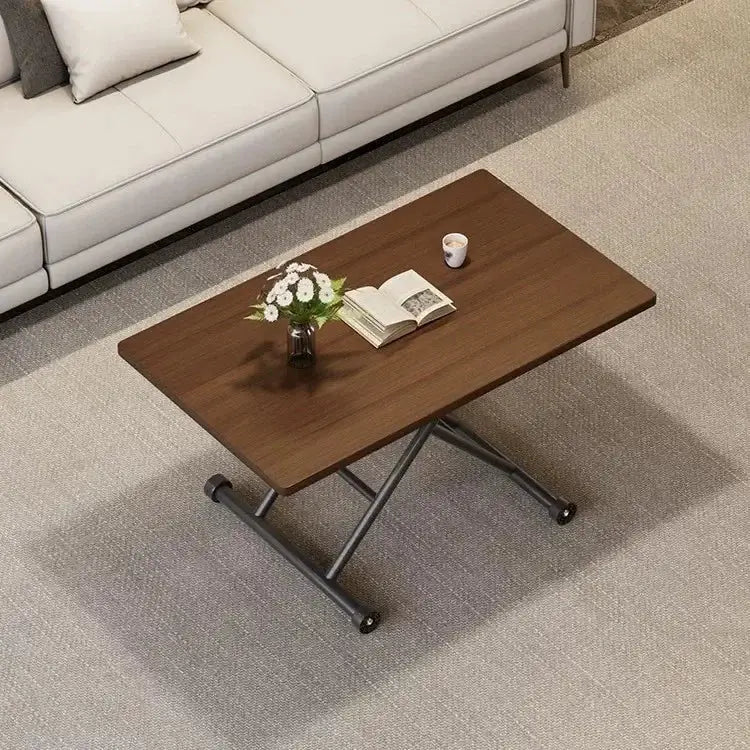 Modern brown wood adjustable coffee table with sleek foldable metal frame and caster wheels for living room decorbites adjustable coffee table