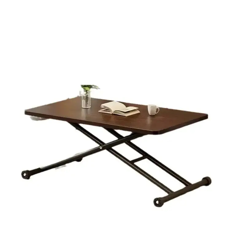 Modern brown wood adjustable coffee table with black metal x-frame legs and caster wheels for living room decorbites adjustable coffee