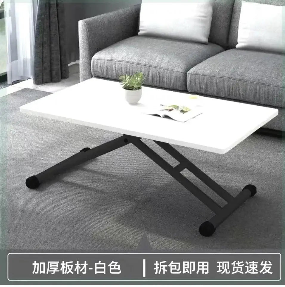 White rectangular decorbites adjustable coffee table with black metal x-frame legs and caster wheels for living room decor