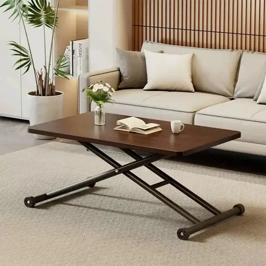 Modern brown wood adjustable coffee table with black metal x-frame legs and caster wheels for living room decorbites coffee table