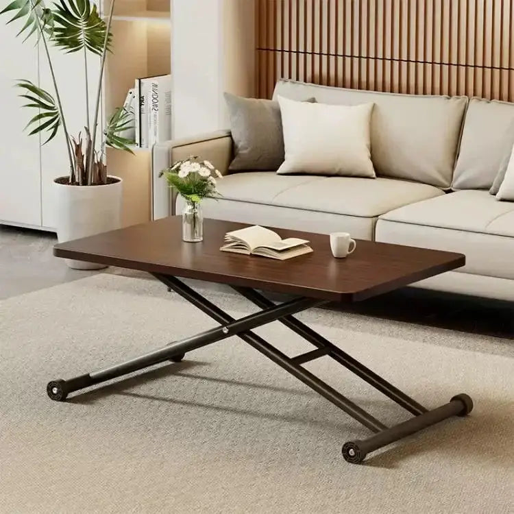 Modern brown wood adjustable coffee table with black metal x-frame legs and caster wheels for living room decorbites coffee table