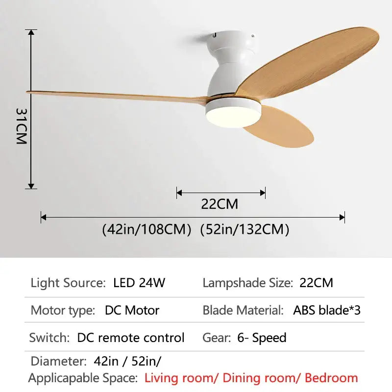 Modern brown wooden ceiling fan with remote control featuring white light wood blades and decorbites led ceiling lamp