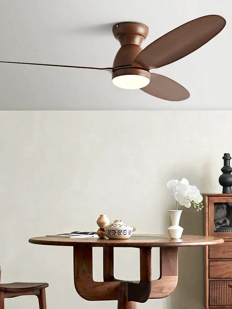 A sleek dark brown wooden ceiling fan with three blades and remote control decorbites led ceiling bedroom light