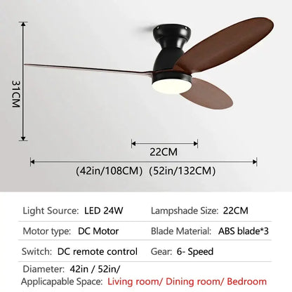 Modern brown wooden ceiling fan with three dark brown abs blades integrated led light and remote control decorbites led ceiling