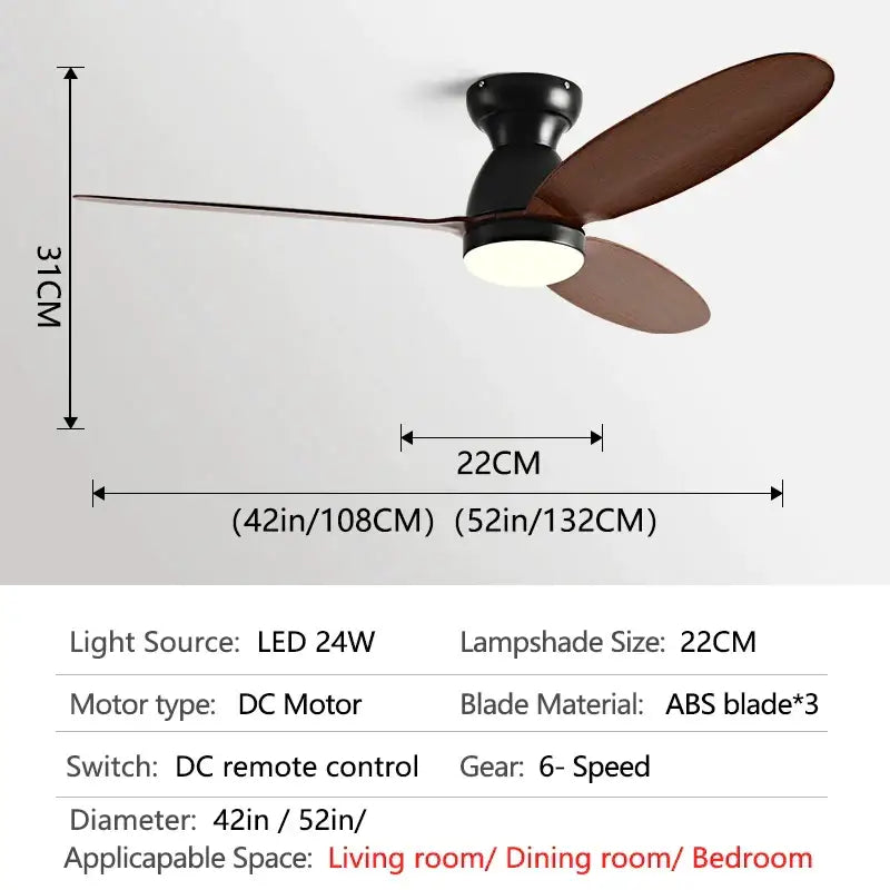Modern brown wooden ceiling fan with three dark brown abs blades integrated led light and remote control decorbites led ceiling