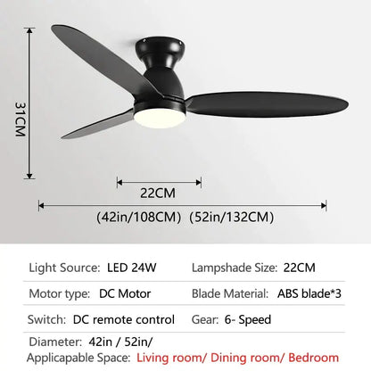Modern brown wooden ceiling fan with three black abs blades, central led light, and remote control decorbites led ceiling fan