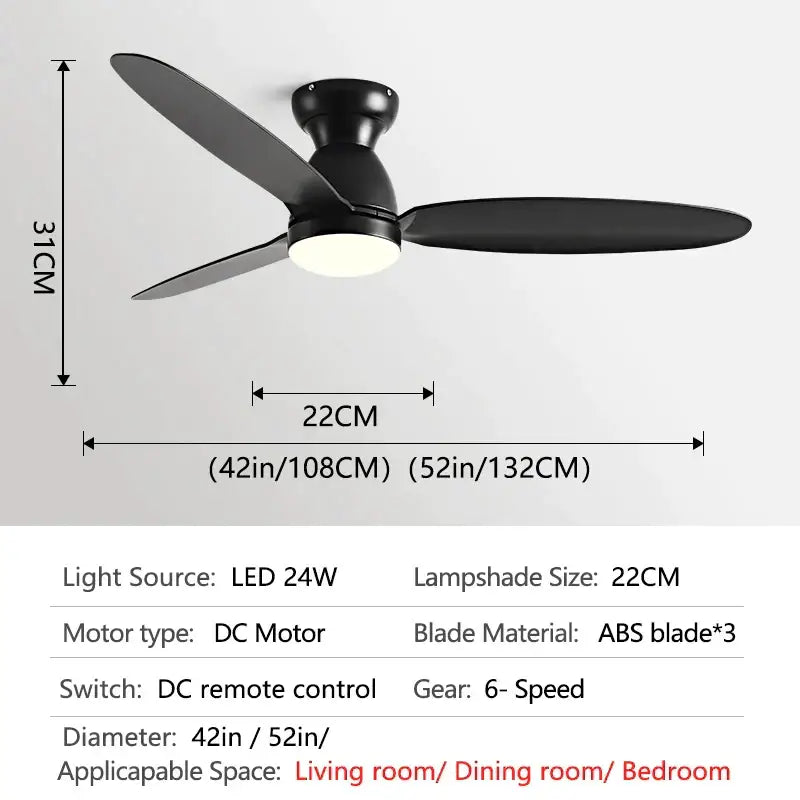 Modern brown wooden ceiling fan with three black abs blades, central led light, and remote control decorbites led ceiling fan