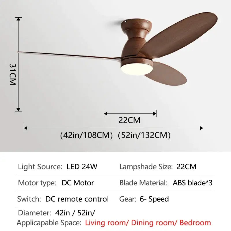 Modern brown wooden ceiling fan with three abs blades built-in led light and remote control for bedroom decorbites led ceiling