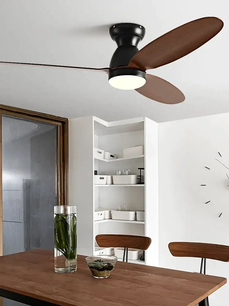 Modern black ceiling fan with three wooden blades and central light fixture featuring remote control decorbites led ceiling