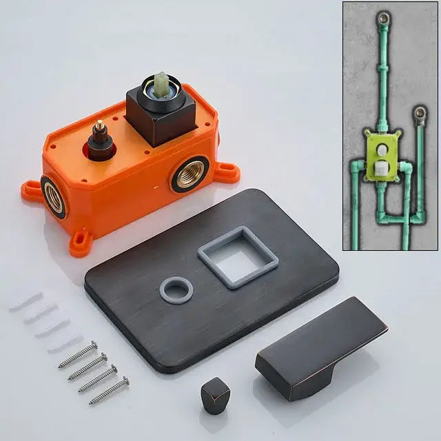 Orange plastic housing with black and brass fittings for modern brushed brass and orange shower mixer valve bathroom faucet back side