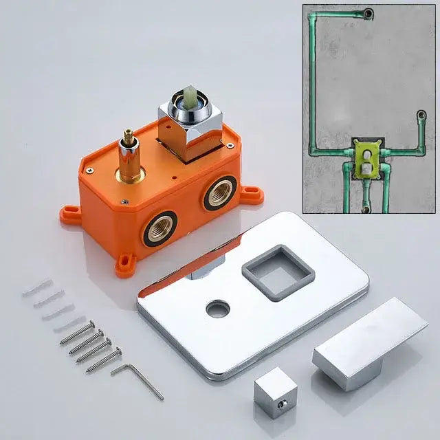 Orange plastic faucet valve assembly with chrome finish trim for modern brushed brass and orange shower mixer valve
