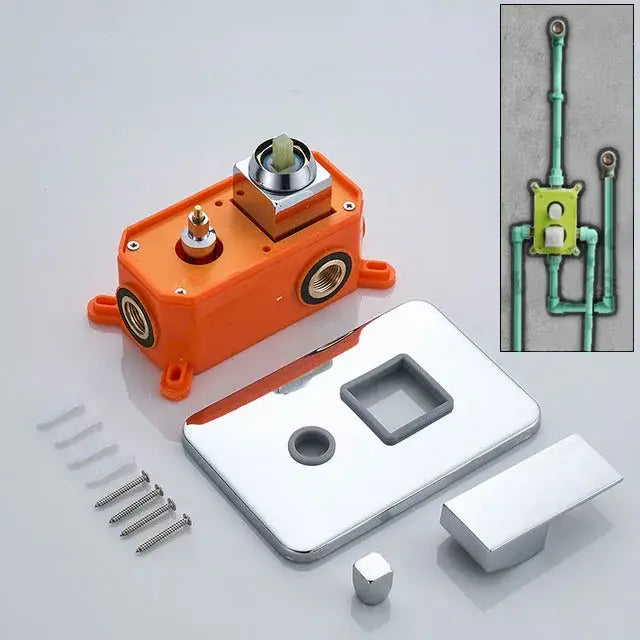 Modern brushed brass and orange shower mixer valve with orange plastic housing and chrome-plated metal plate for bathroom faucet assembly