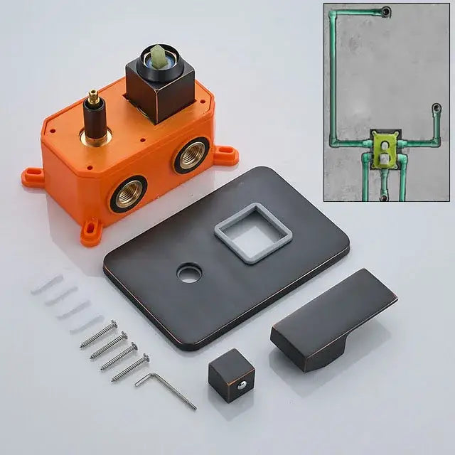 Orange plastic valve assembly with black metal plate and handle components for modern brushed brass shower mixer valve