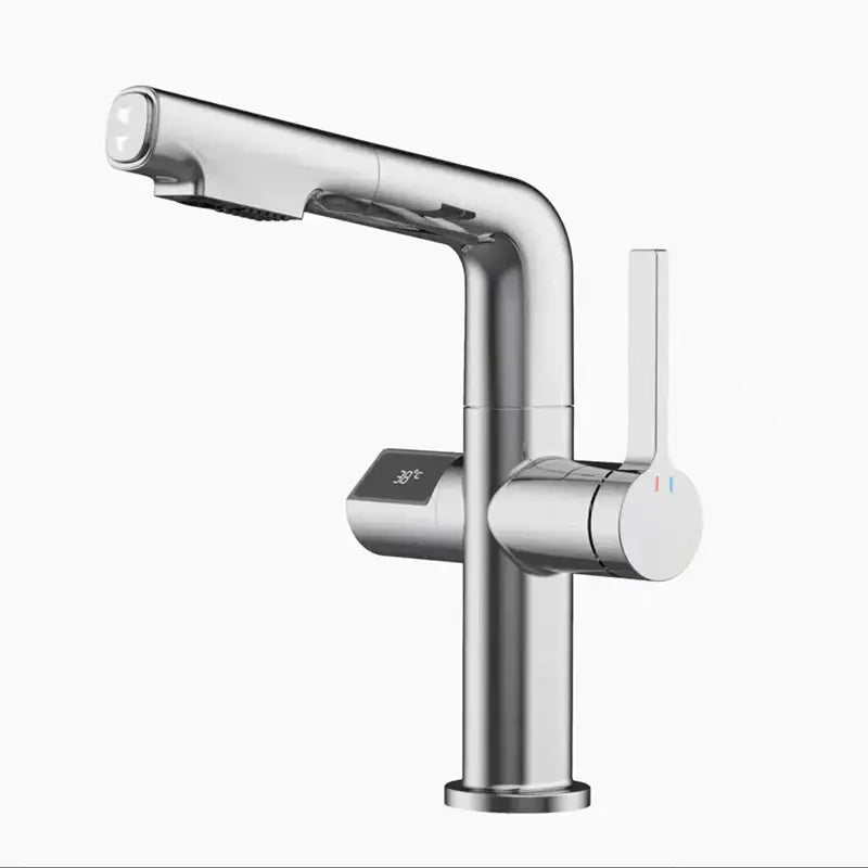 Modern brushed brass basin faucet with sleek chrome pull-out spray head and digital temperature display decorbites brass basin faucet