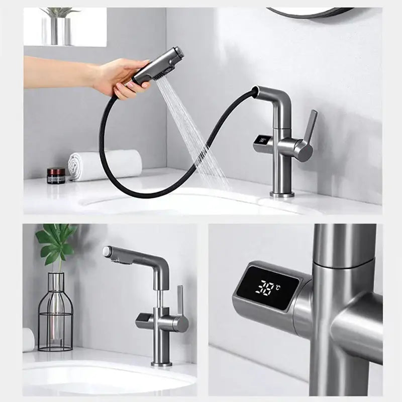 Modern brushed brass basin faucet with detachable black hose and digital temperature display for bathroom use