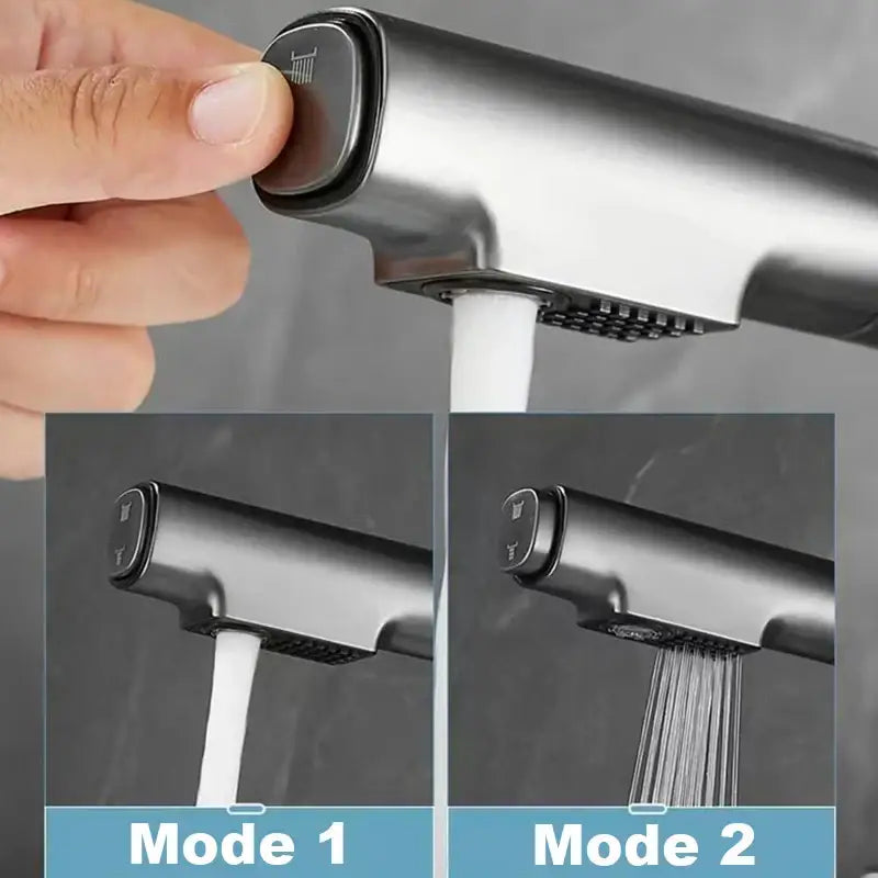 Modern brushed brass basin faucet with digital display and black matte pull-out spray head offering two water modes