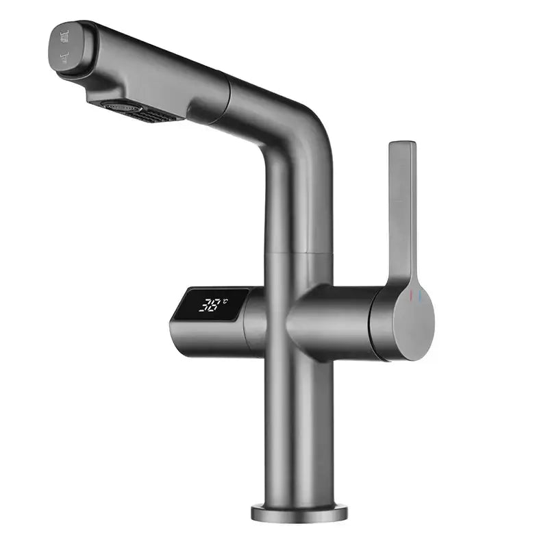 Modern brushed brass basin faucet with digital temperature display and matte black pull-out spray head decorbites brass basin faucet