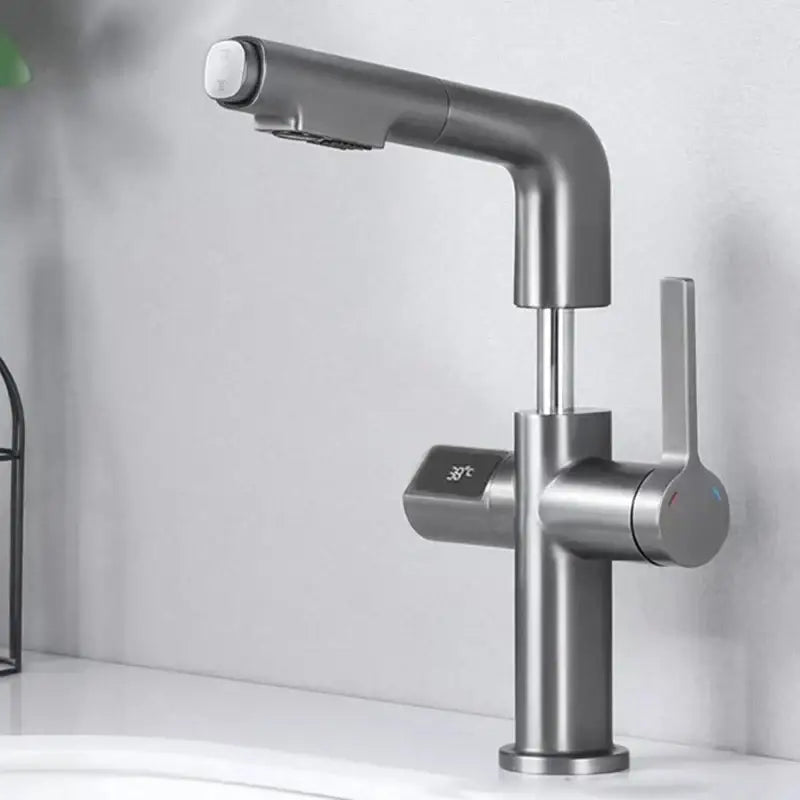 Modern brushed brass basin faucet with digital display featuring sleek minimalist design and decorbites brass basin faucet quality