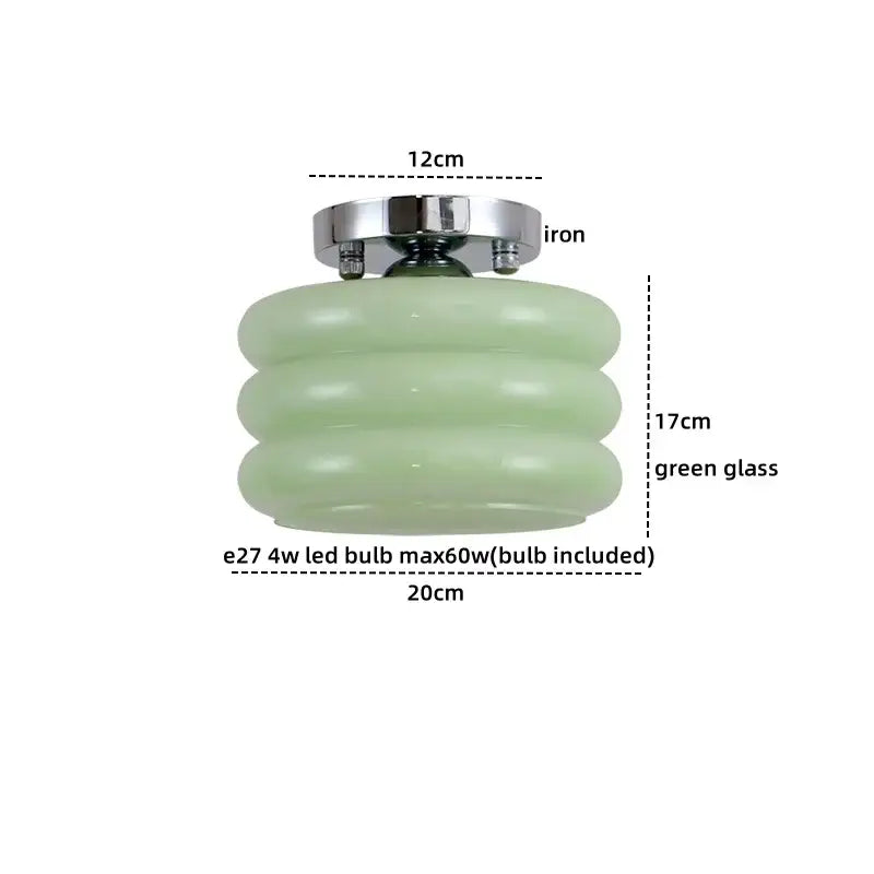 Modern ceiling light with stacked ribbed green glass shade and polished chrome iron base for decorbites creamy glass design