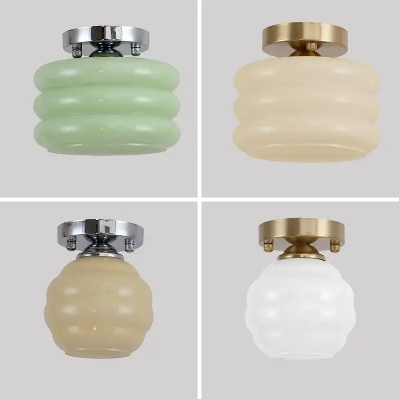 Set of four vintage-style ceiling lights with decorbites creamy glass iron shades in mint green cream and white with brass fixtures