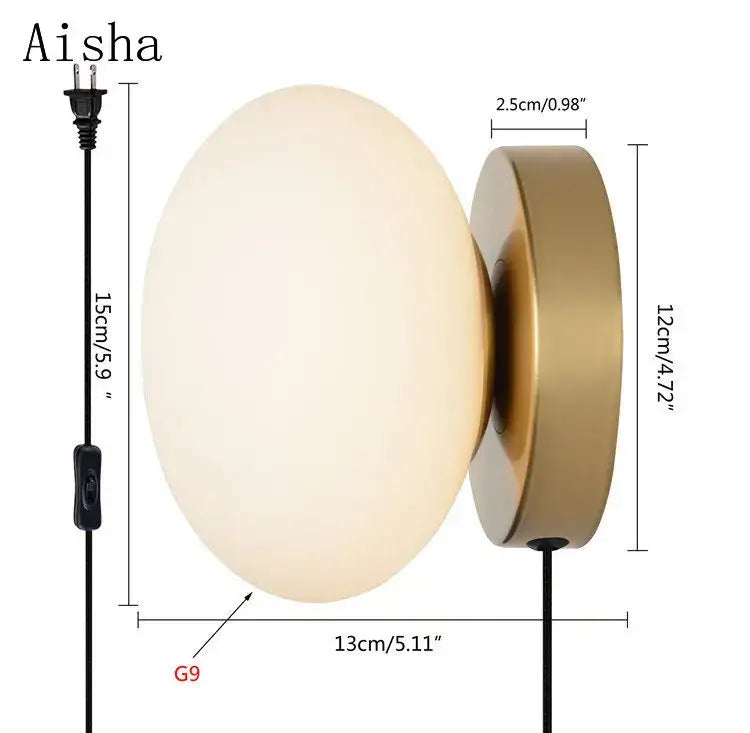 Aisha brand wall lamps with a frosted opal golden glass ball and brushed brass base for modern decorbites decor