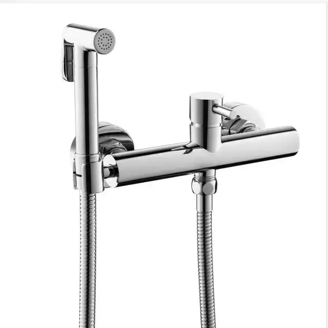 Modern brushed brass hand held bidet sprayer kit with chrome finished shower faucet and flexible hoses for bathroom use