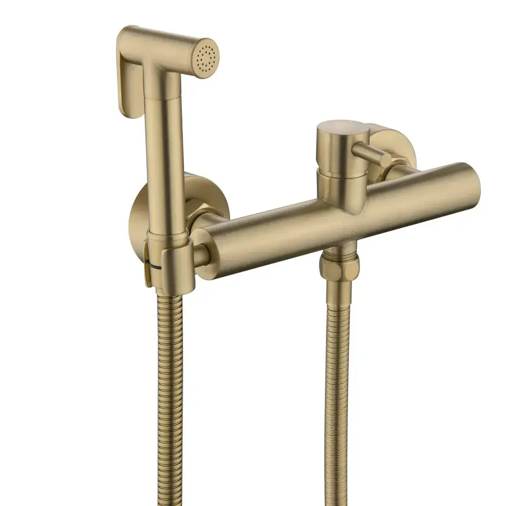 Modern brushed brass hand held bidet sprayer kit with gold-toned brass faucet and integrated flexible hoses