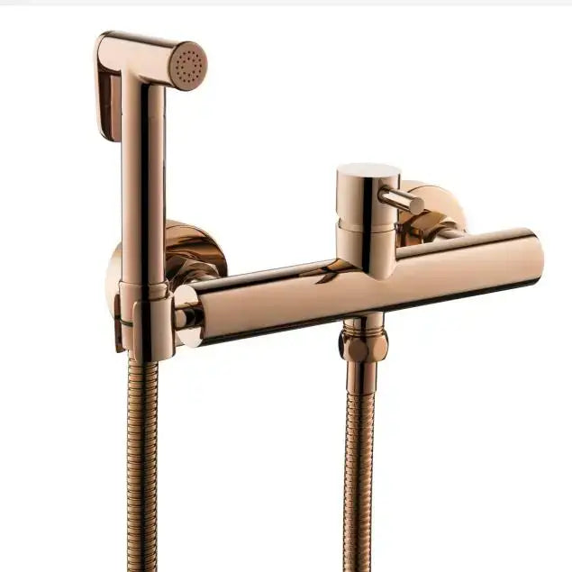 Modern brushed brass hand held bidet sprayer kit with rose gold finish faucet and integrated flexible hose handheld bidet