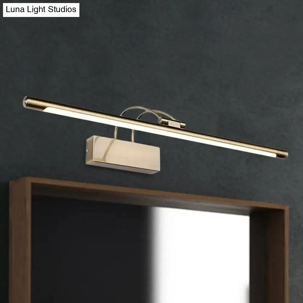 Modern brushed brass wall light with gold-finished led mirror light, sleek rectangular fixture, and curved mounting arms