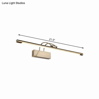 Modern brushed brass wall light with integrated led strip in a sleek 21.5-inch rectangular bathroom sconce design