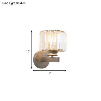 Modern brushed brass nickel drum sconce light with cylindrical crystal glass shade for bedroom 220v-240v 110v-120v use