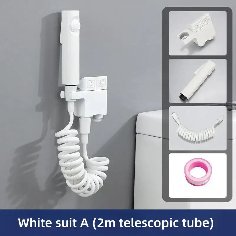Modern brushed copper bidet spray with white wall-mounted flusher and 2-meter telescopic tube by decorbites copper bidet