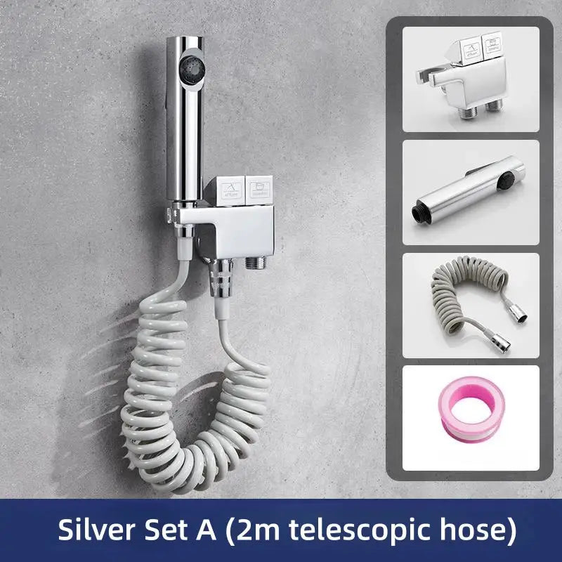 Silver handheld showerhead with sleek chrome finish for modern brushed copper bidet spray decorbites copper bidet set