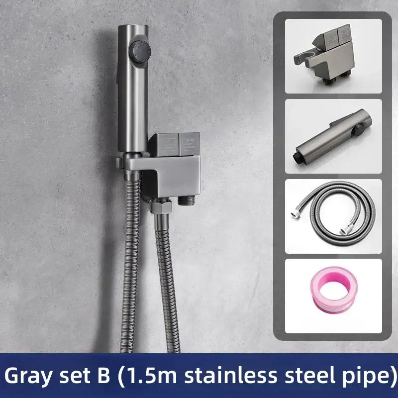 Modern brushed copper bidet spray gun set with gray stainless steel showerhead, 1.5m flexible hose, and pink silicone cap