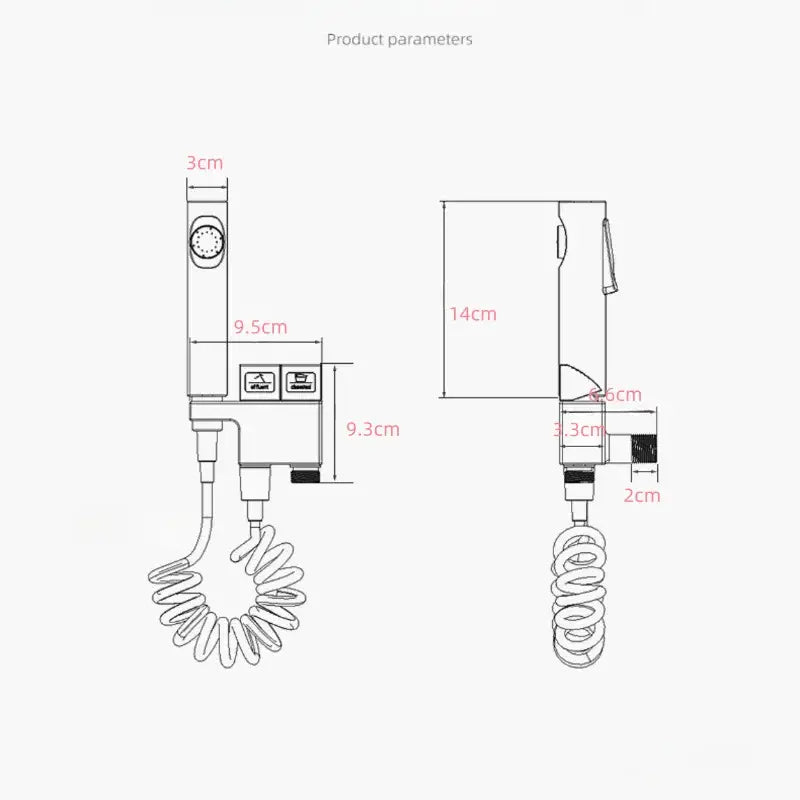 White plastic handheld showerhead with coiled hose and dual spray settings for decorbites copper bidet spray set