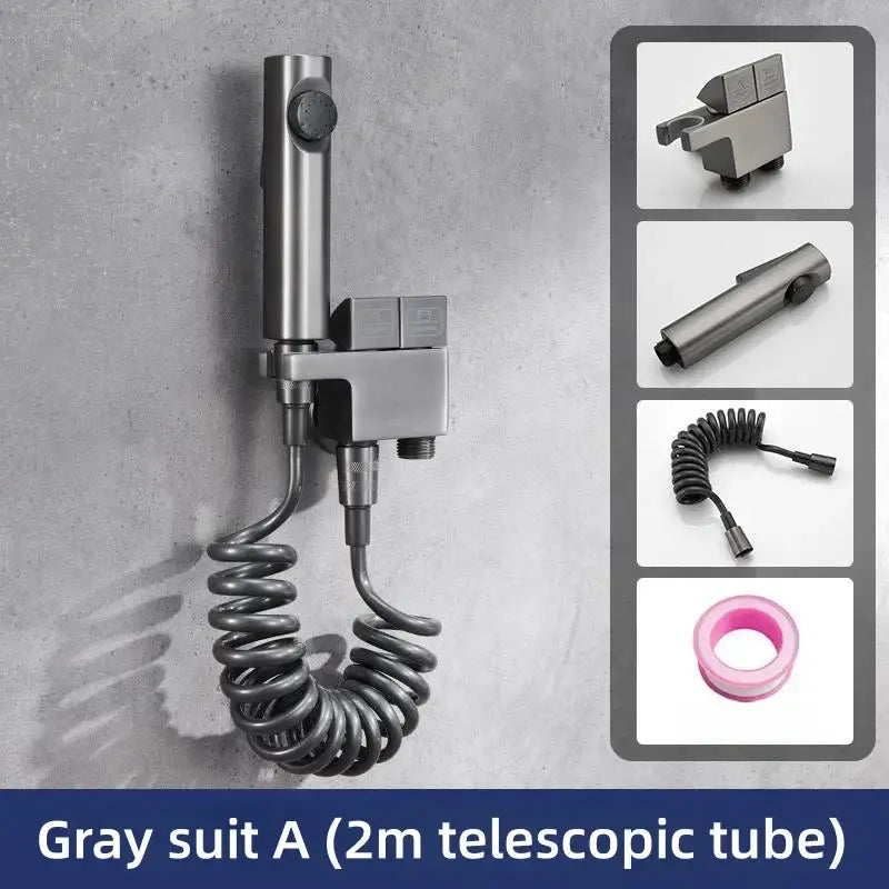 Gray metallic wall-mounted bidet spray with 2-meter telescopic tube and coiled hose from decorbites copper bidet spray set