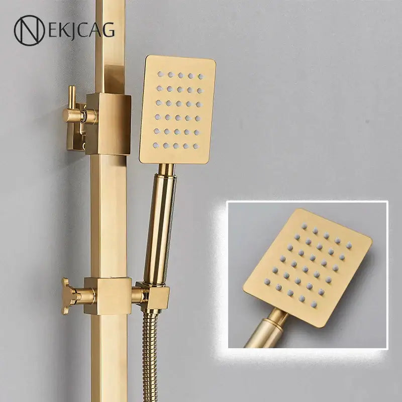 Modern brushed gold shower faucet set with square gold-finished showerhead and adjustable rail system for rain shower