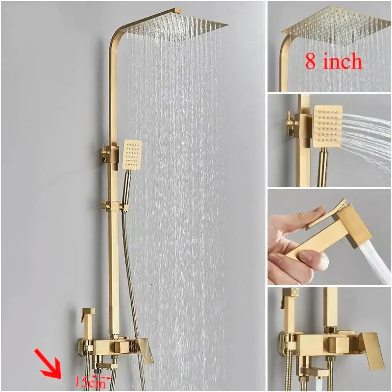 Modern brushed gold shower faucet set with 8-inch rainfall head handheld spray and wall-mounted control valve