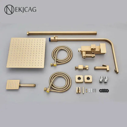 Modern brushed gold shower faucet set with square rainhead handheld spray and brass tubing for bathroom use