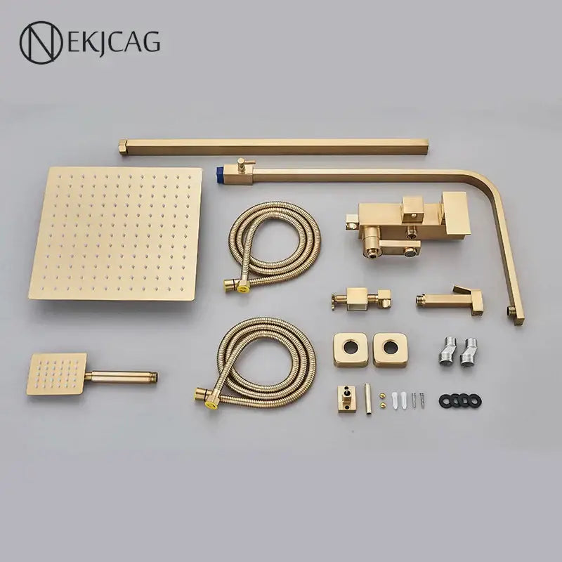 Modern brushed gold shower faucet set with square rainhead handheld spray and brass tubing for bathroom use