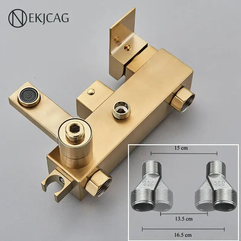 Modern brushed gold shower faucet set in gold-finished brass with integrated showerhead and diverter rectangular design
