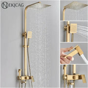 Modern brushed gold 4-function shower faucet set with gold-finished rain shower system and handheld spray nozzle