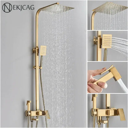 Modern brushed gold 4-function shower faucet set with gold-finished rain shower system and handheld spray nozzle