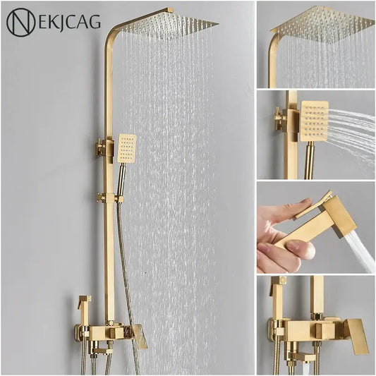 Modern brushed gold 4-function shower faucet set with gold-finished rain shower system and handheld spray nozzle