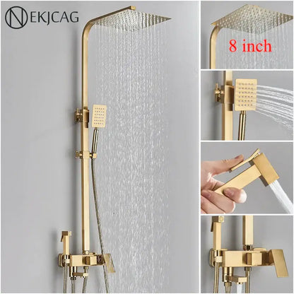 Modern brushed gold 4-function shower faucet set with gold finished 8-inch rainfall shower head and handheld fixtures